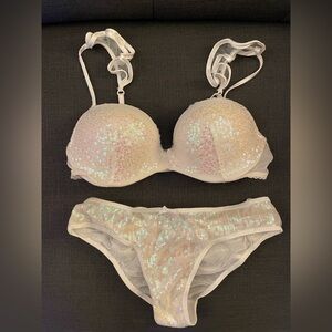 Victoria’s Secret White Sequin Padded Demi Size 34C & New Matching Panty Small